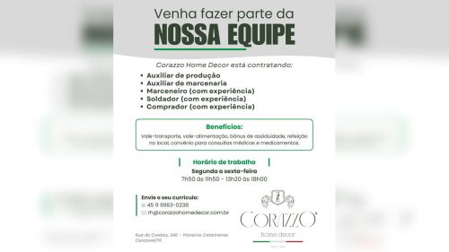 Corazzo Home Decor abre vagas de emprego em Cascavel