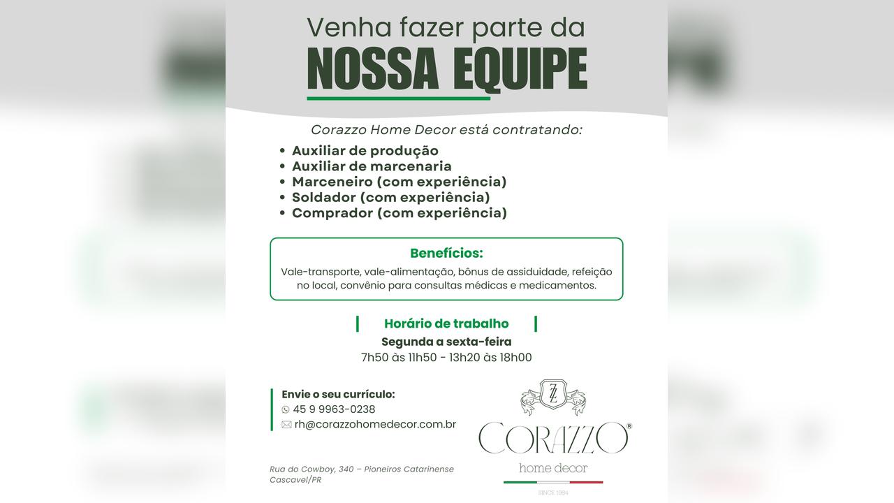 Corazzo Home Decor abre vagas de emprego em Cascavel Corazzo Home Decor abre vagas de emprego em Cascavel