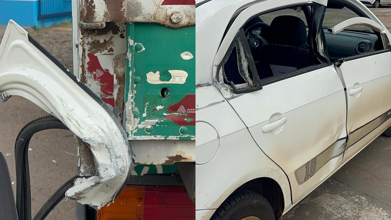 Gol tem lateral bastante danificada após acidente com caminhão no Pacaembu