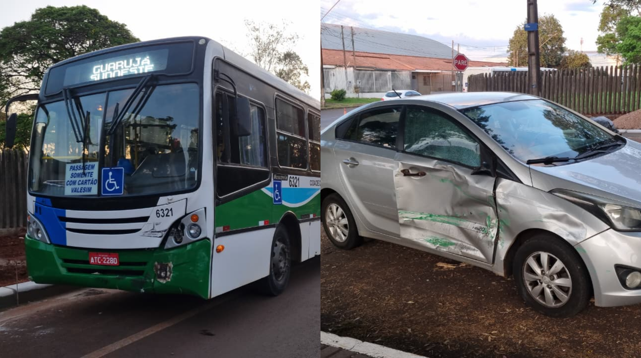 HB20 tem a lateral destruída após colidir contra ônibus no Bairro Santo Onofre