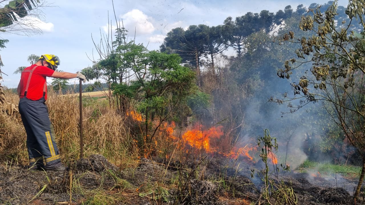 Bombeiros combatem incêndio em vegetação próximo a residências no Bairro Guarujá