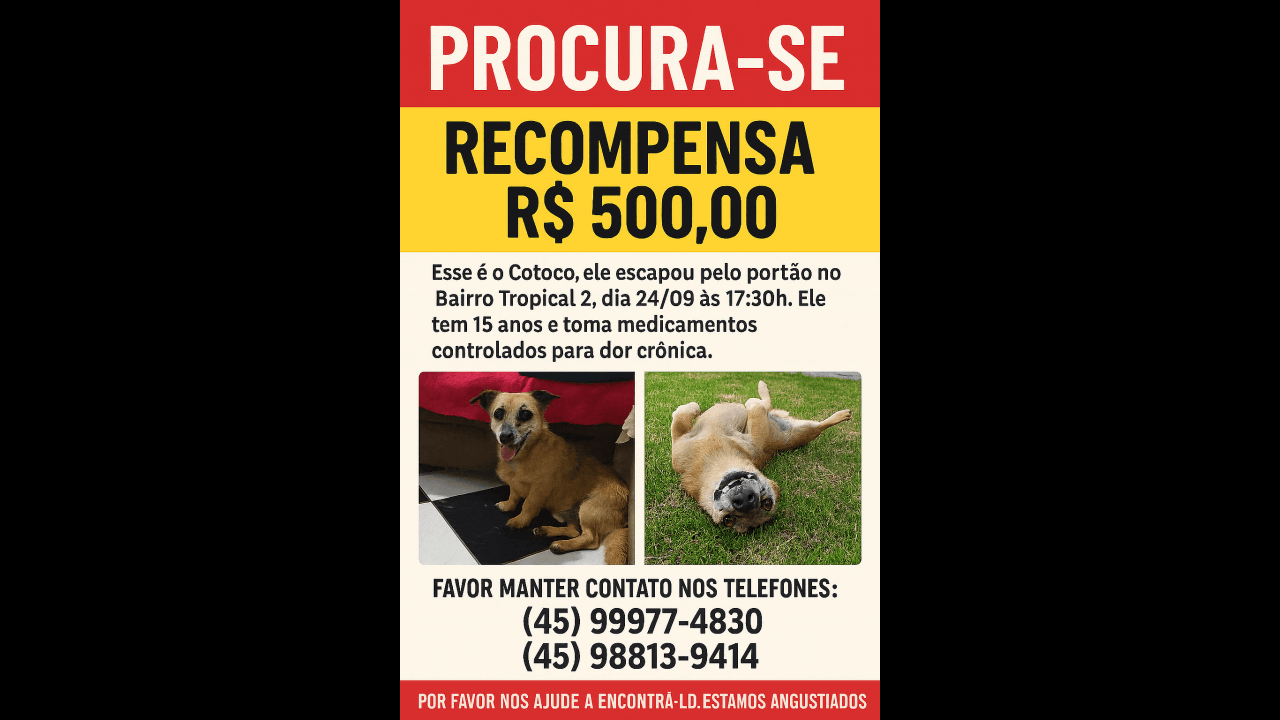 Cachorro Cotoco desapareceu no bairro Tropical II