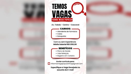 Farmácia no centro de Cascavel abre vagas para atendente, caixa e estoquista