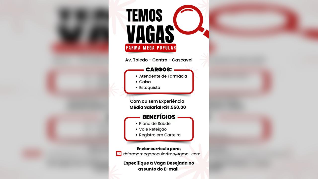Farmácia no centro de Cascavel abre vagas para atendente, caixa e estoquista Farmácia no centro de Cascavel abre vagas para atendente, caixa e estoquista