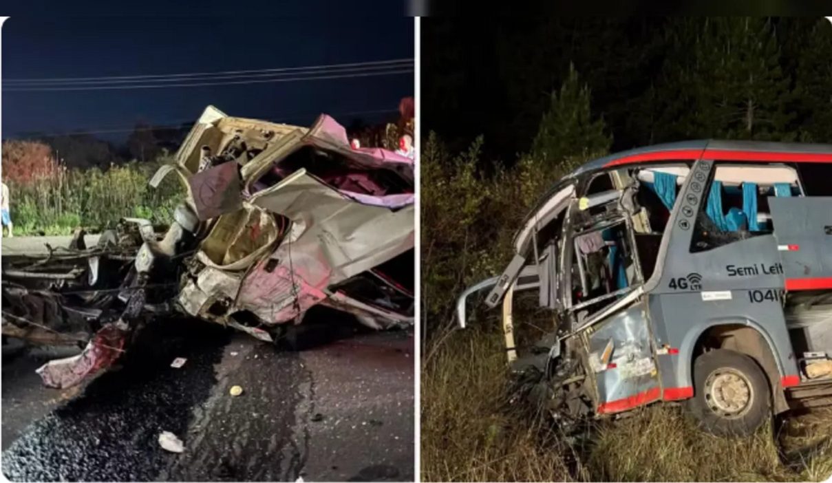 Grave: Dois mortos e 23 feridos após colisão entre ônibus e caminhão Grave: Dois mortos e 23 feridos após colisão entre ônibus e caminhão
