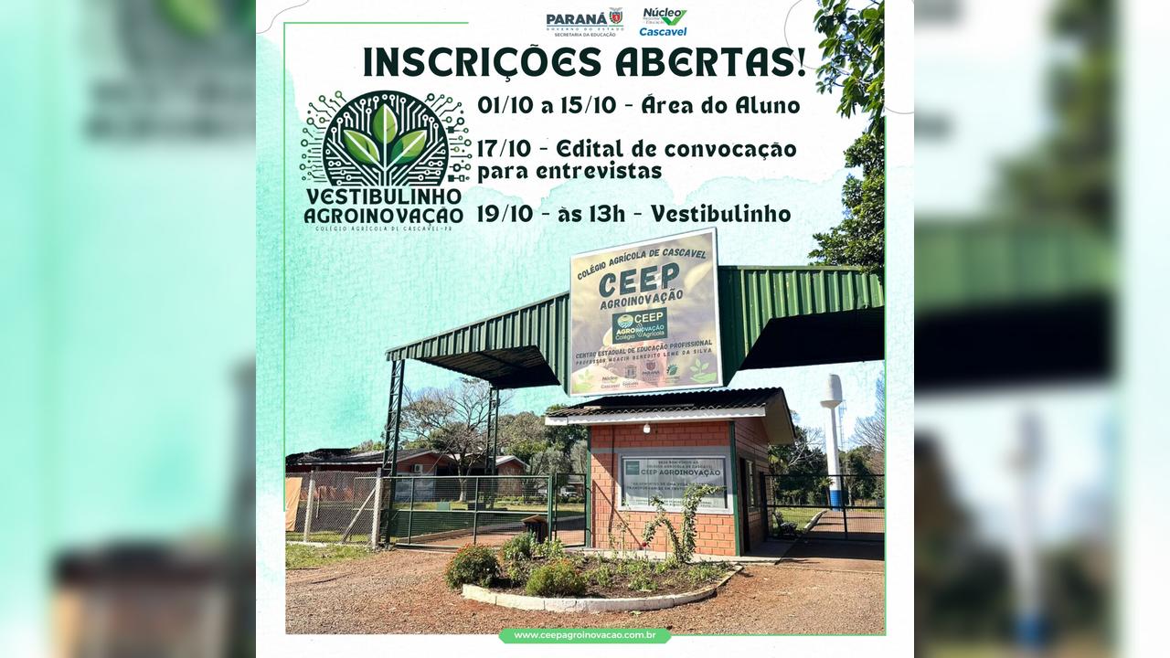 Colégio Agrícola de Cascavel está com inscrições abertas para o 'Vestibulinho Agroinovação'