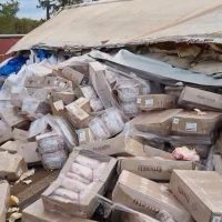Imagem referente a Carga de carne congelada começa a ser retirada da pista após tombamento na BR-369, em Cascavel