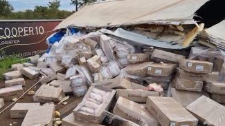 Carga de carne congelada começa a ser retirada da pista após tombamento na BR-369, em Cascavel