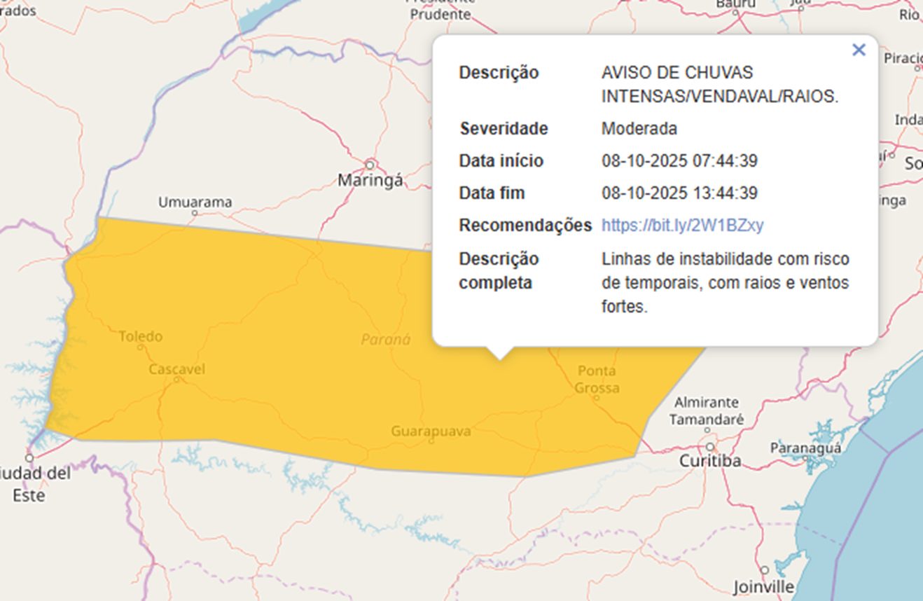 Defesa Civil emite alerta de temporal para Região Oeste do Paraná Defesa Civil emite alerta de temporal para Região Oeste do Paraná