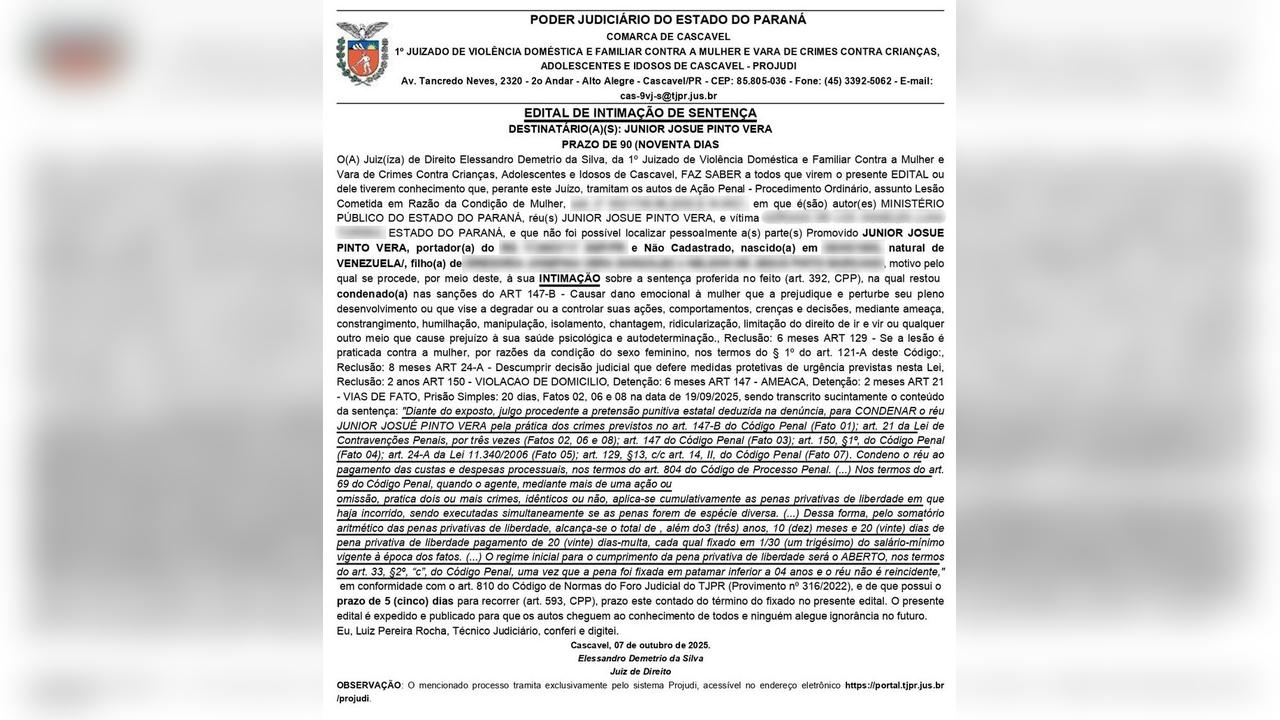 Justiça condena Junior Josué Pinto Vera por violência doméstica em Cascavel Justiça condena Junior Josué Pinto Vera por violência doméstica em Cascavel