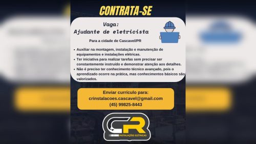 Oportunidade de trabalho em Cascavel: empresa busca ajudante de eletricista