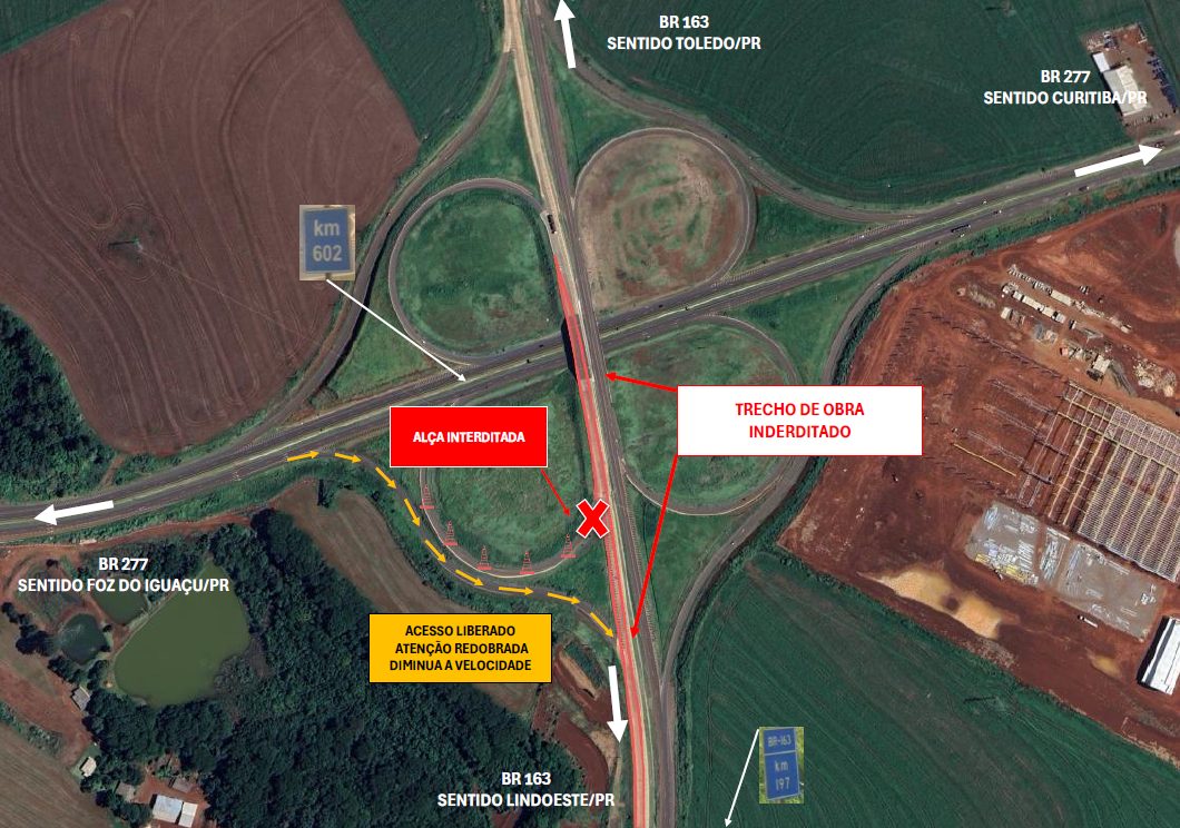 Atenção: Obras interditam alça de acesso da BR-163 para BR-277 em Cascavel