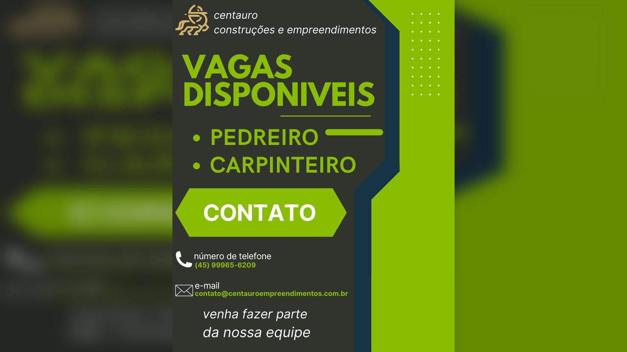 Centauro Construções abre vagas para pedreiros e carpinteiros em Cascavel (PR) Centauro Construções abre vagas para pedreiros e carpinteiros em Cascavel (PR)