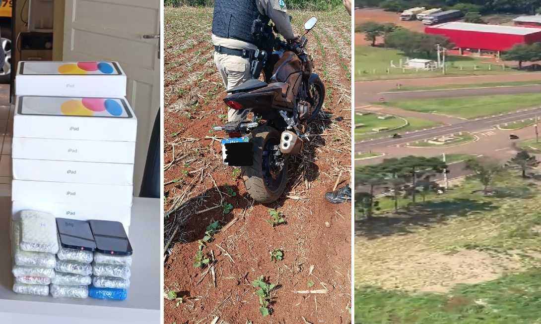 Helicóptero da PM caça suspeito em fuga e eletrônicos contrabandeados são apreendidos na BR-277; veja vídeo