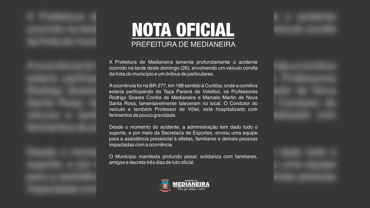 Prefeitura de Medianeira lamenta morte de Rodrigo Soares Corrêa e decreta luto de três dias Prefeitura de Medianeira lamenta morte de Rodrigo Soares Corrêa e decreta luto de três dias