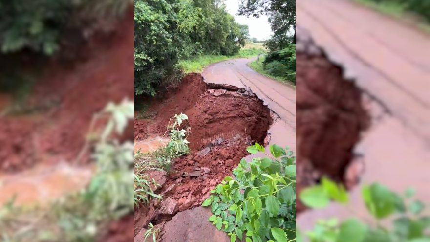 Trecho da Linha Scanagatta cede após fortes chuvas em São Salvador, distrito de Cascavel