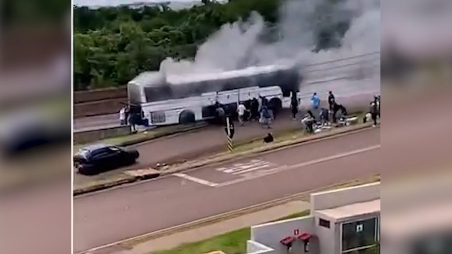 Ônibus vira bola de fogo na BR 277 e compristas lutam para salvar compras; veja o vídeo