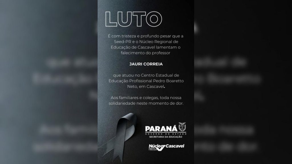 Educação lamenta a morte do professor Jauri Correia, que atuou no CEEP em Cascavel Educação lamenta a morte do professor Jauri Correia, que atuou no CEEP em Cascavel