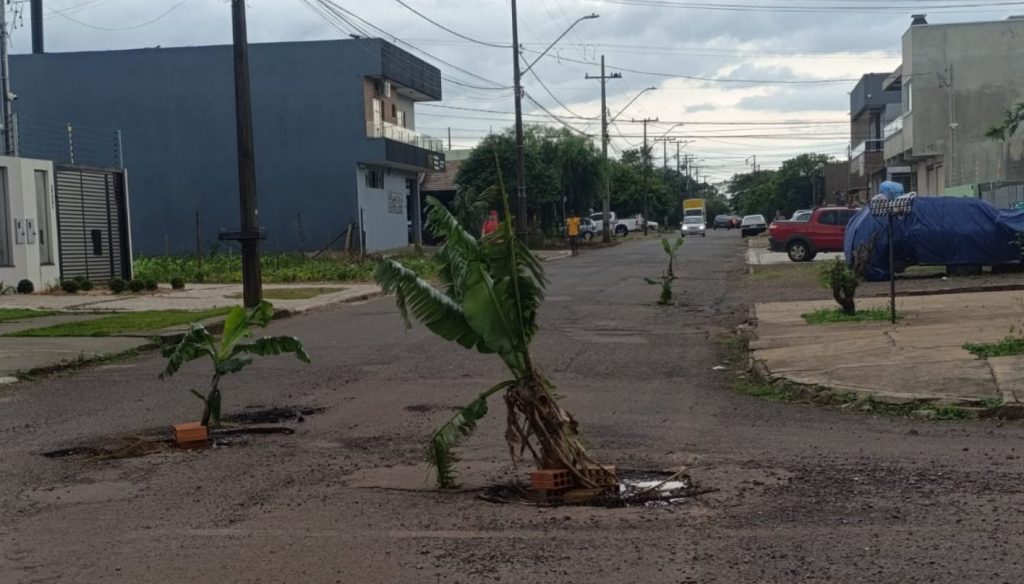 Com bananeiras, moradores improvisam sinalização em buracos no Jardim Veneza Com bananeiras, moradores improvisam sinalização em buracos no Jardim Veneza