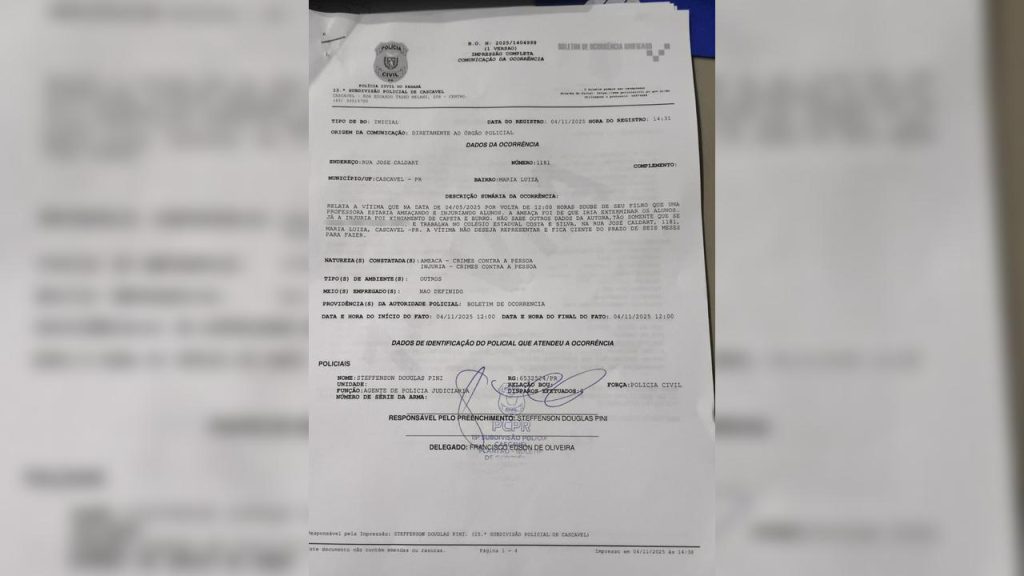 Pais registram denúncia contra professora por ameaças e posturas agressivas em escola de Cascavel Pais registram denúncia contra professora por ameaças e posturas agressivas em escola de Cascavel