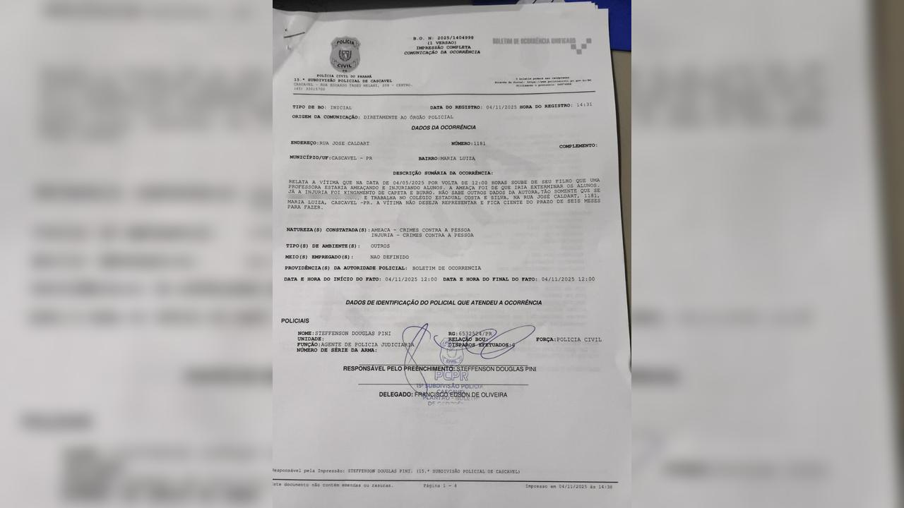 Pais registram denúncia contra professora por ameaças e posturas agressivas em escola de Cascavel Pais registram denúncia contra professora por ameaças e posturas agressivas em escola de Cascavel