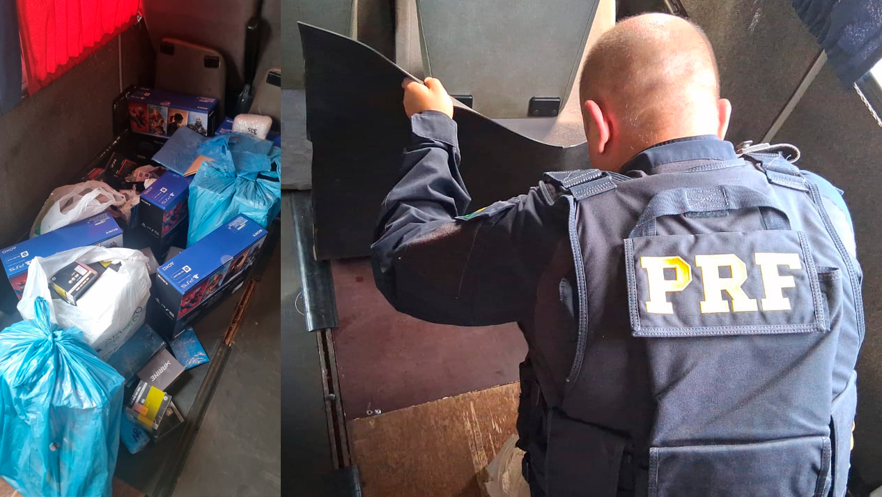 PRF apreende carga de eletrônicos e medicamentos ilegais em ônibus de turismo em Cascavel