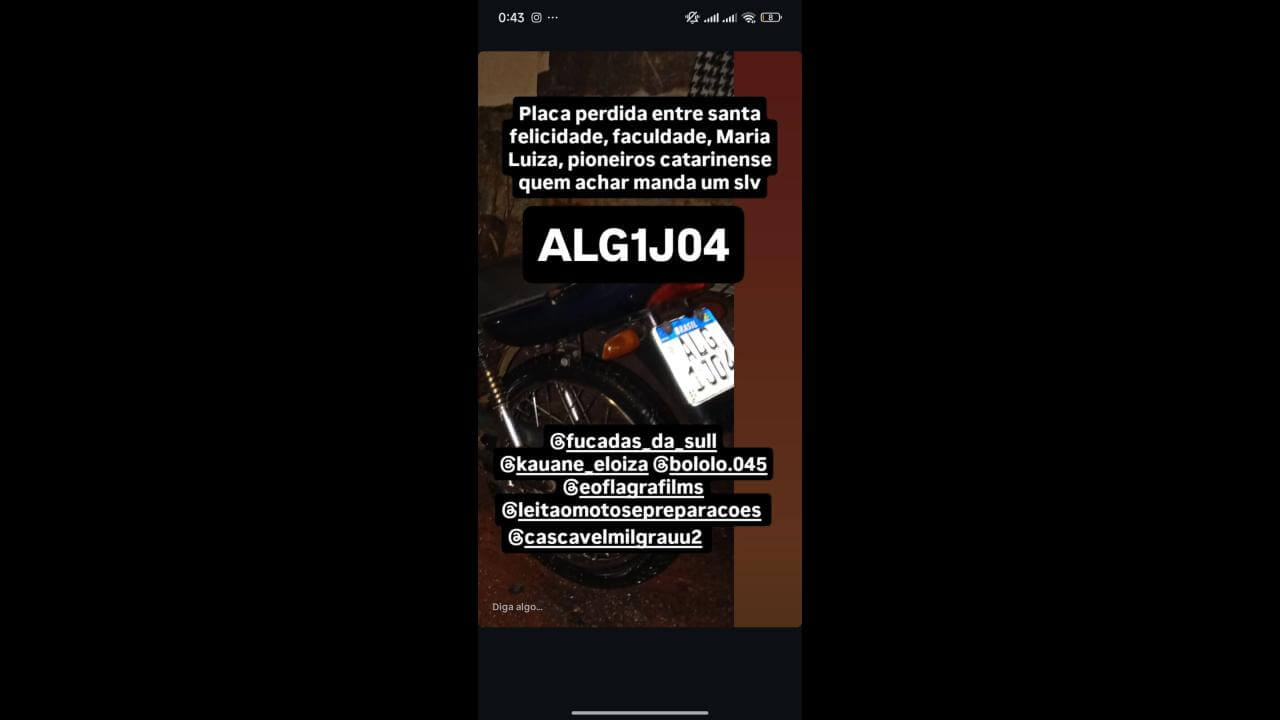 Foi perdido uma placa de Moto no bairro Santa Felicidade Foi perdido uma placa de Moto no bairro Santa Felicidade