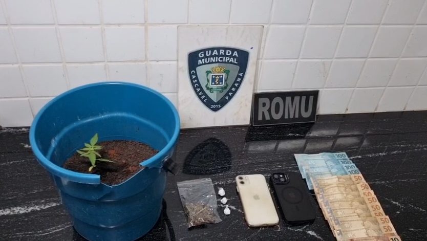 ROMU apreende pé de maconha, buchas de cocaína, dinheiro e detém jovem no Bairro Santa Cruz
