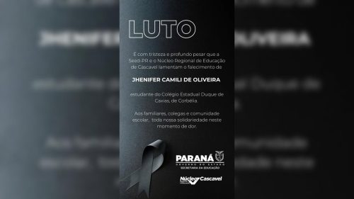 Núcleo emite nota de pesar pelo falecimento da estudante Jhenifer Camili de Oliveira, aluna do Colégio Estadual Duque de Caxias