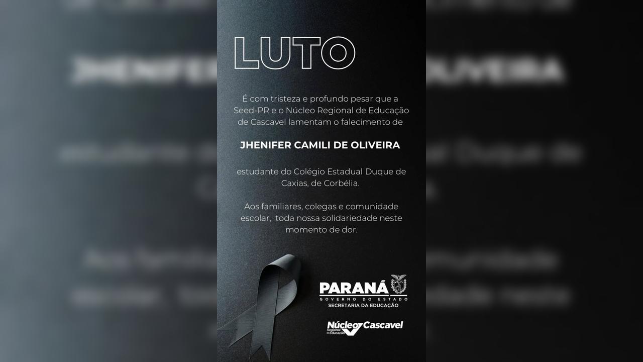 Núcleo emite nota de pesar pelo falecimento da estudante Jhenifer Camili de Oliveira, aluna do Colégio Estadual Duque de Caxias