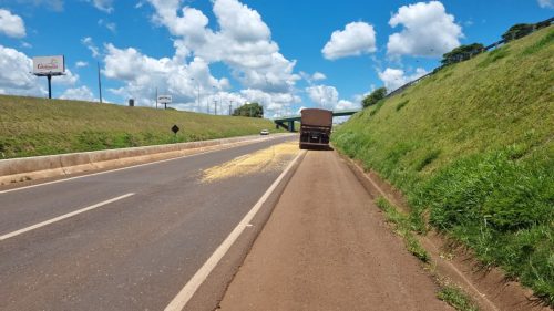 Carga de milho fica espalhada após pneu de carreta estourar na PRc-467 Carga de milho fica espalhada após pneu de carreta estourar na PRc-467