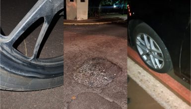 Buraco na Rua Bom Jesus causa estragos em moto e carro na região central de Cascavel Imagem referente a Buraco na Rua Bom Jesus causa estragos em moto e carro na região central de Cascavel