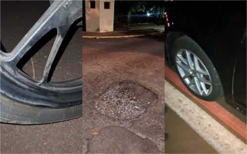 Buraco na Rua Bom Jesus causa estragos em moto e carro na região central de Cascavel Imagem referente a Buraco na Rua Bom Jesus causa estragos em moto e carro na região central de Cascavel