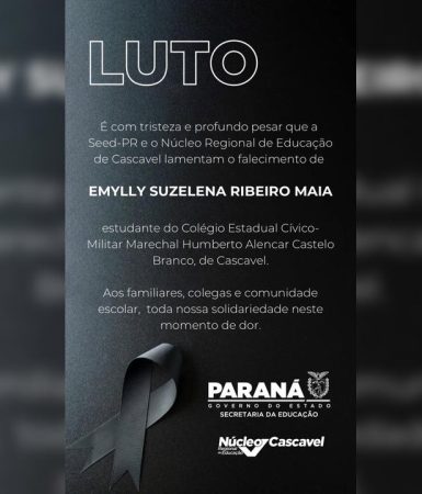 Núcleo Regional emite nota de pesar pelo falecimento de aluna do Colégio Castelo Branco em Cascavel Imagem referente a Núcleo Regional emite nota de pesar pelo falecimento de aluna do Colégio Castelo Branco em Cascavel