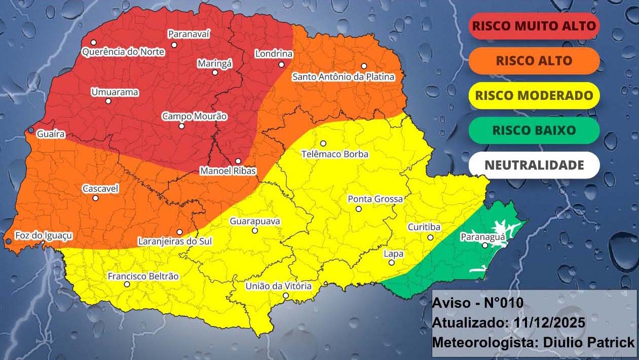 Cascavel terá alerta laranja para tempestades severas neste fim de semana, aponta previsão do Simepar Imagem referente a Cascavel terá alerta laranja para tempestades severas neste fim de semana, aponta previsão do Simepar