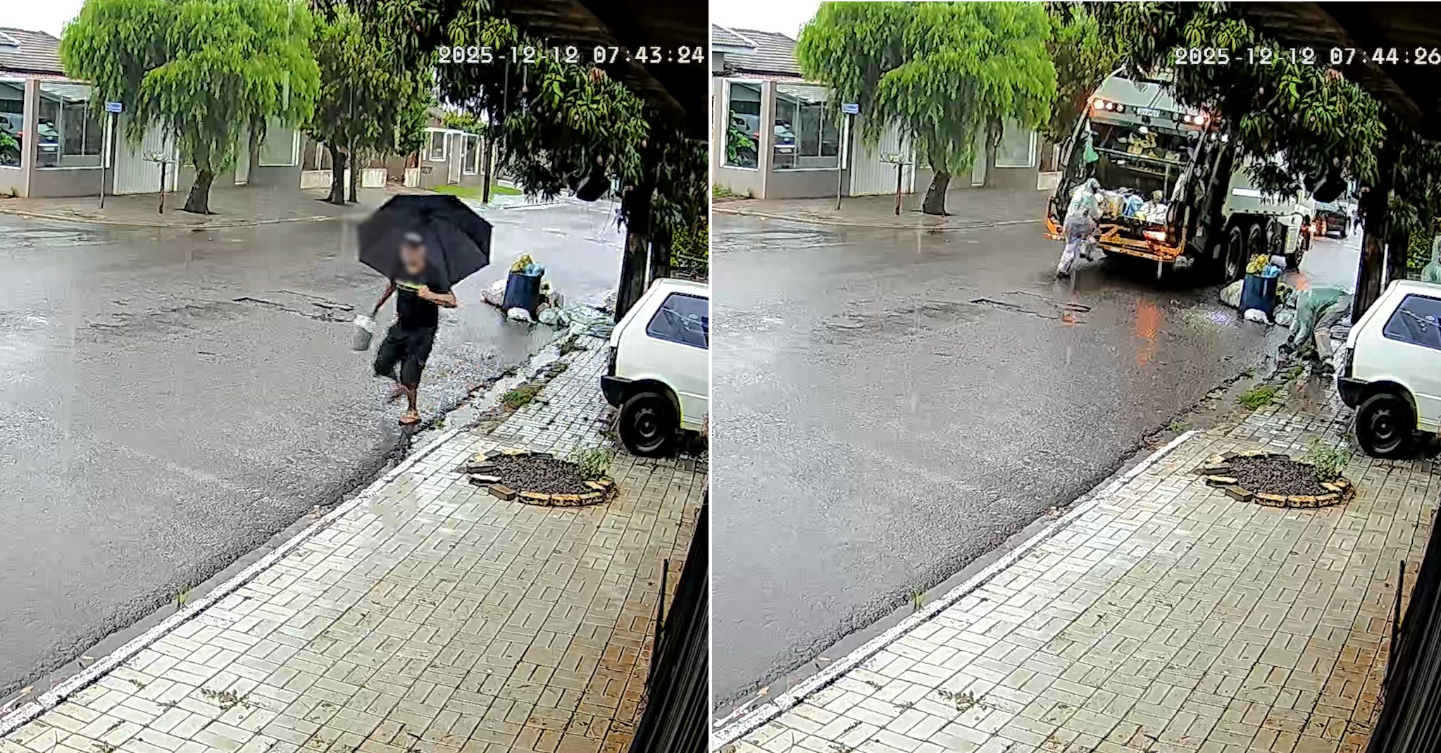 Vídeo mostra homem ateando fogo em carro e coletores de recicláveis apagando chamas com água da chuva