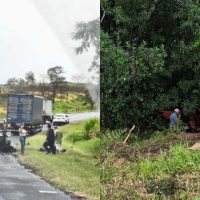 Casal e jovem feridos após grave batida e carro despencar em barranco na BR-376 Imagem referente a Casal e jovem feridos após grave batida e carro despencar em barranco na BR-376