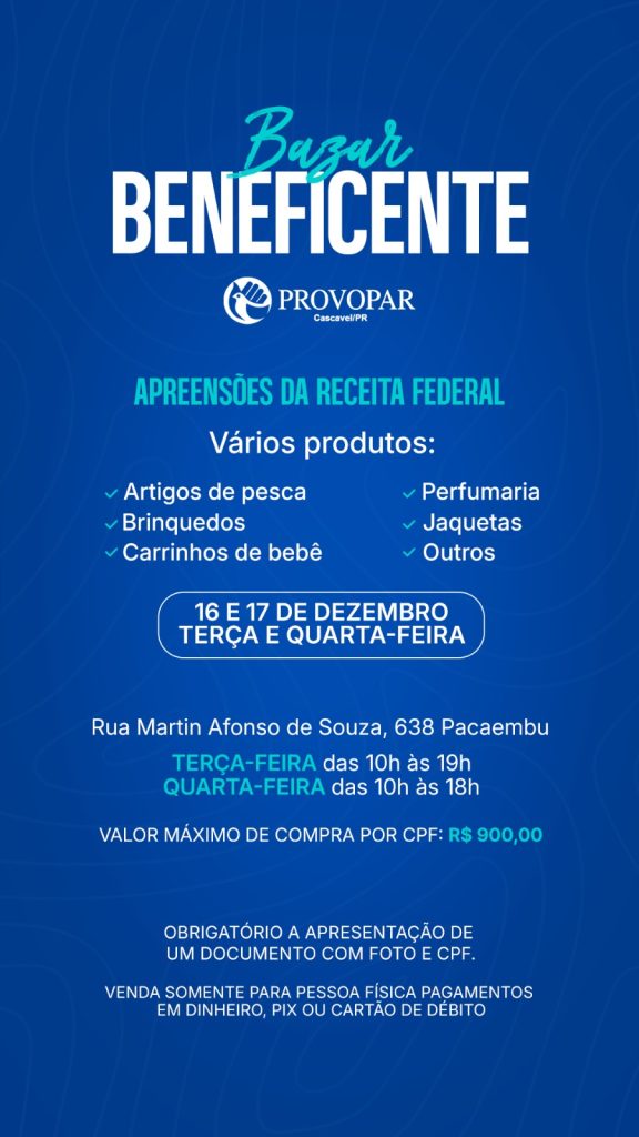 Provopar de Cascavel promove bazar beneficente com produtos apreendidos pela Receita Federal