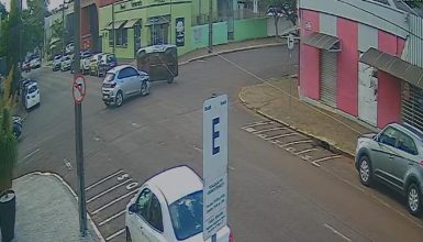 Pancada! Câmera flagra Fiat Uno capotando em acidente no Centro Imagem referente a Pancada! Câmera flagra Fiat Uno capotando em acidente no Centro