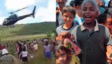 Imagem referente a Empresário usa helicóptero para jogar carnes com foto do Bolsonaro sobre cidade e moradores 