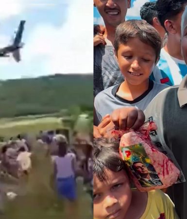 Imagem referente a Empresário usa helicóptero para jogar carnes com foto do Bolsonaro sobre cidade e moradores 