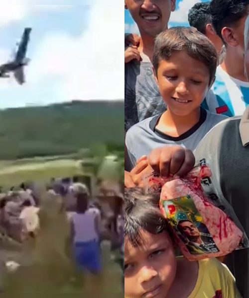 Imagem referente a Empresário usa helicóptero para jogar carnes com foto do Bolsonaro sobre cidade e moradores “vão à loucura”
