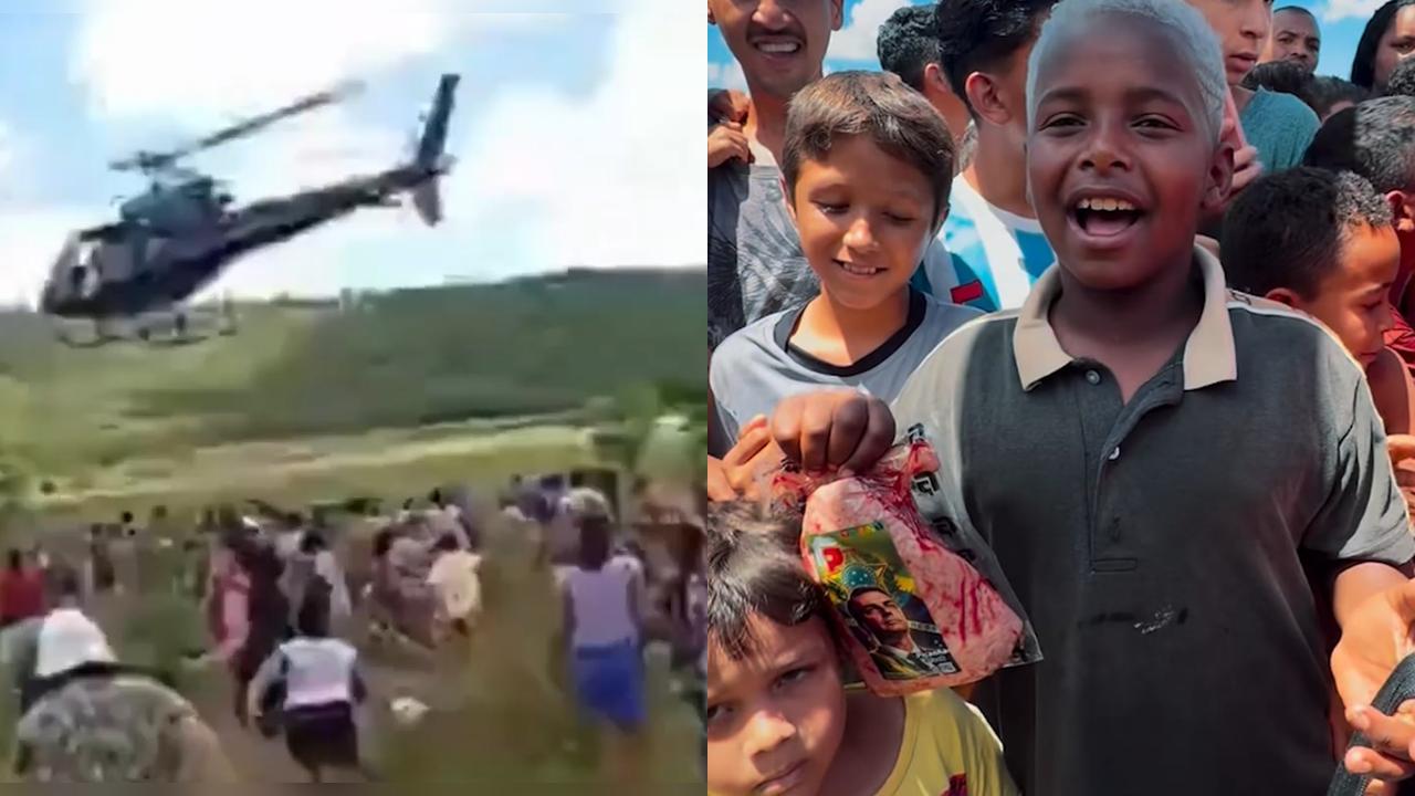 Empresário usa helicóptero para jogar carnes com foto do Bolsonaro sobre cidade e moradores "vão à loucura" Empresário usa helicóptero para jogar carnes com foto do Bolsonaro sobre cidade e moradores "vão à loucura"