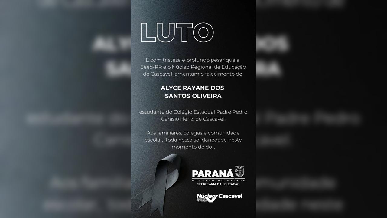 Núcleo Regional emite nota de pesar pelo falecimento da estudante cascavelense Alyce dos Santos Oliveira