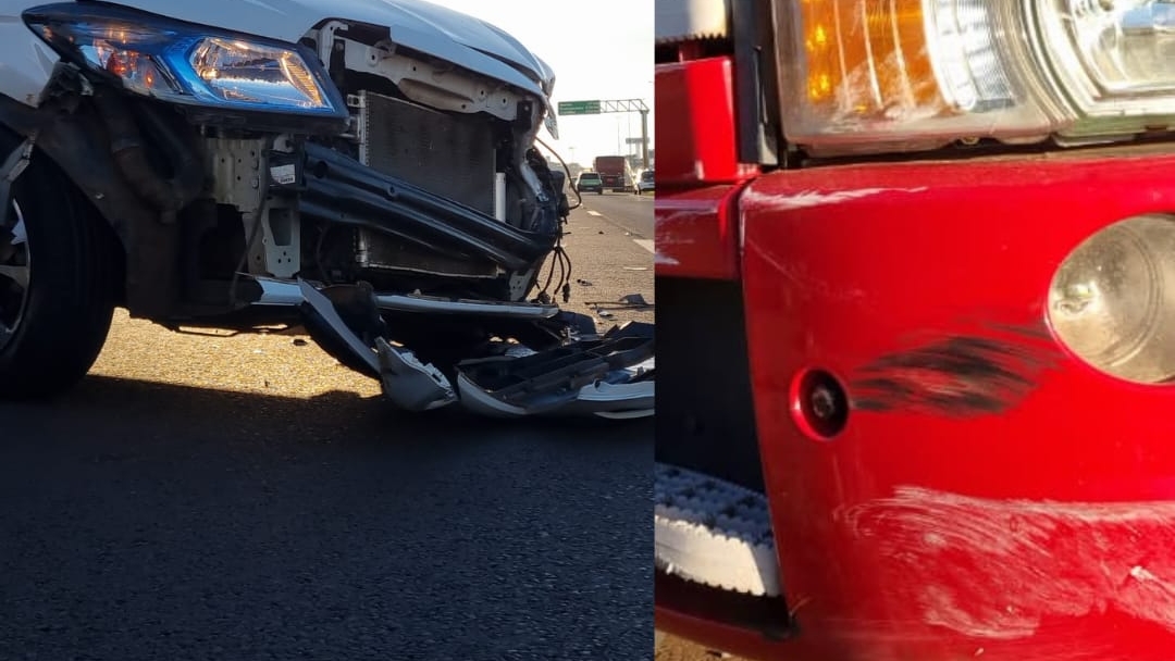 Carro é prensado contra guard-rail após colisão com caminhão na BR 277