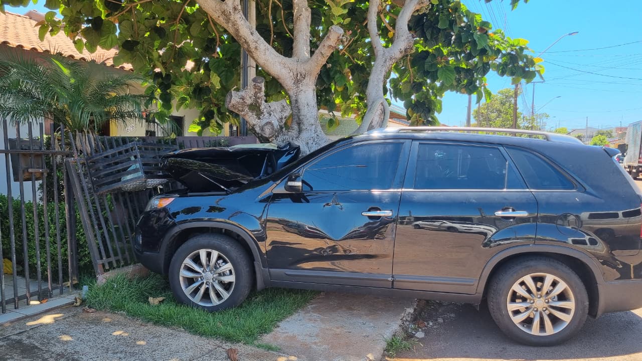 Motorista passa mal, tenta segurar carro e acaba ferido após carro bater em portão do vizinho