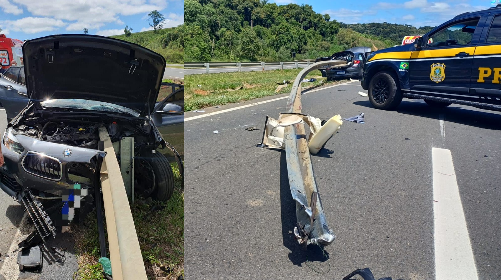 Estrutura de guard-rail atravessa BMW e criança morre na BR-376 Estrutura de guard-rail atravessa BMW e criança morre na BR-376