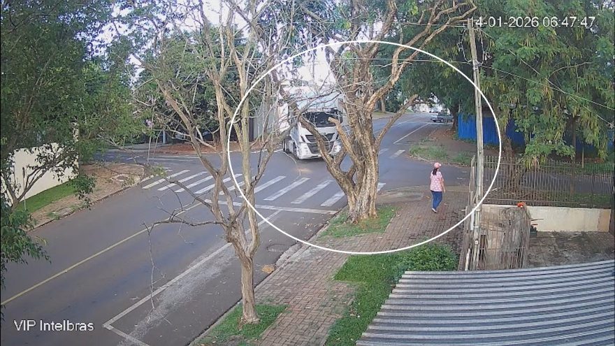Caminhão enrosca em árvore e mulher quase é atingida em Cascavel