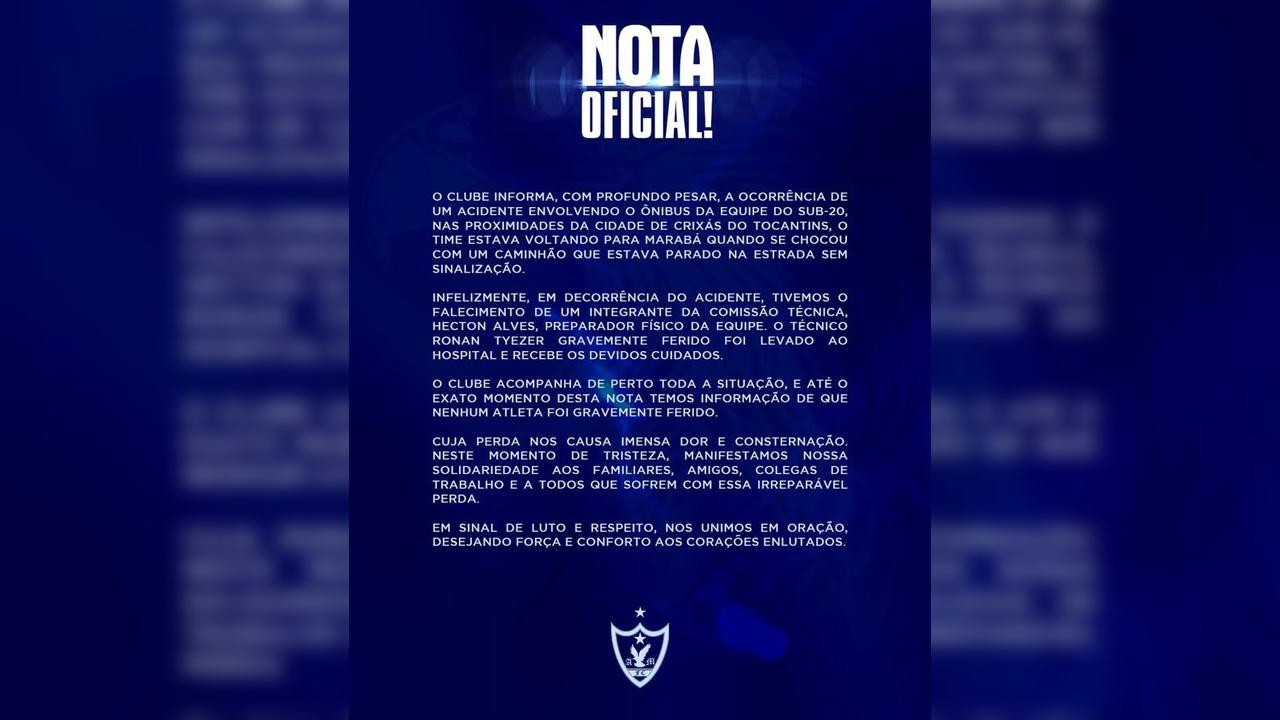 Acidente com equipe sub-20 do Águia de Marabá resulta em morte de preparador físico