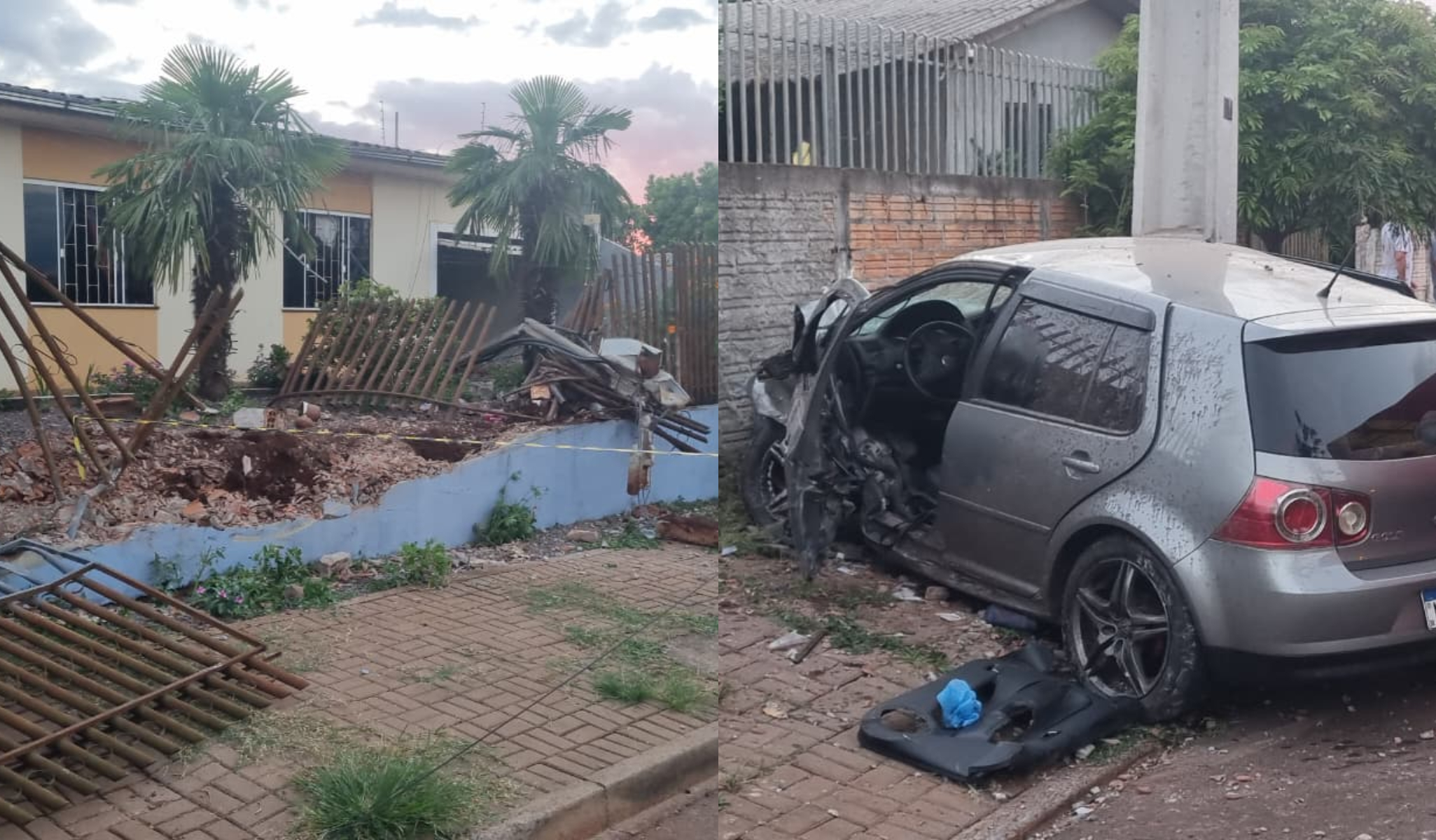 Motorista perde o controle da direção, bate em poste e destrói muro de casa no Cascavel Velho